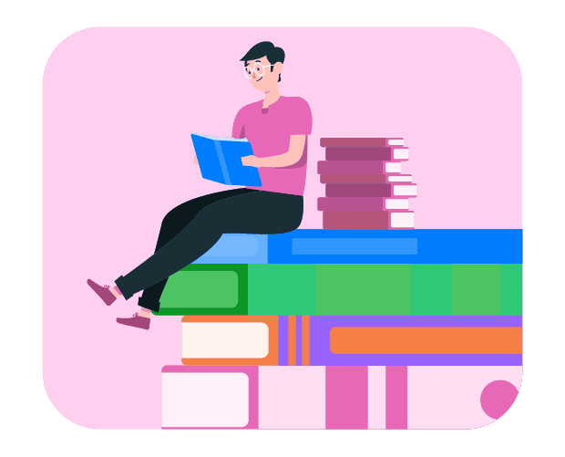 Vibrant illustration of a young person reading a book while sitting on a stack of colourful books, promoting speech therapy and communication skills development in Australia.
