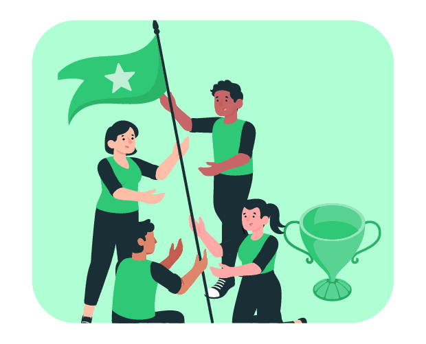 Brightly colored illustration of children celebrating a victory with a green flag, highlighting speech and communication skills development in kids.