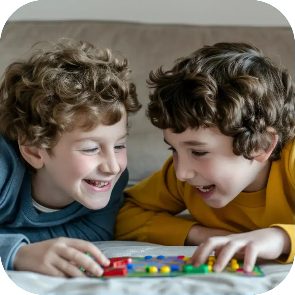 Children playing board game together, promoting social skills and communication development.