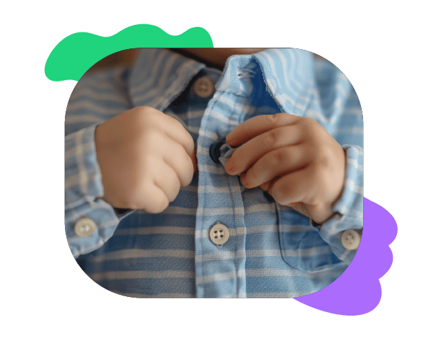 Child adjusting a blue checkered shirt, focused on speech development and communication skills in children.