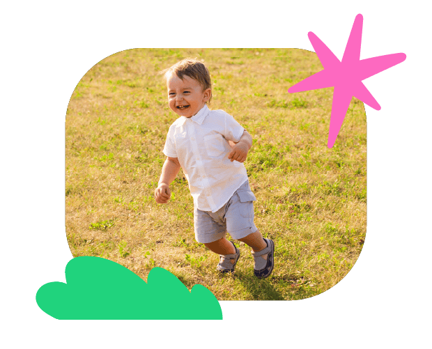 Bright young boy happily running outdoors on a sunny day, promoting childhood speech development and early learning programs.