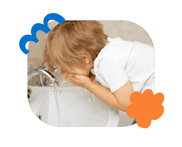Crying child washing face at sink, illustrating childhood speech therapy and emotional expression services in Australia.