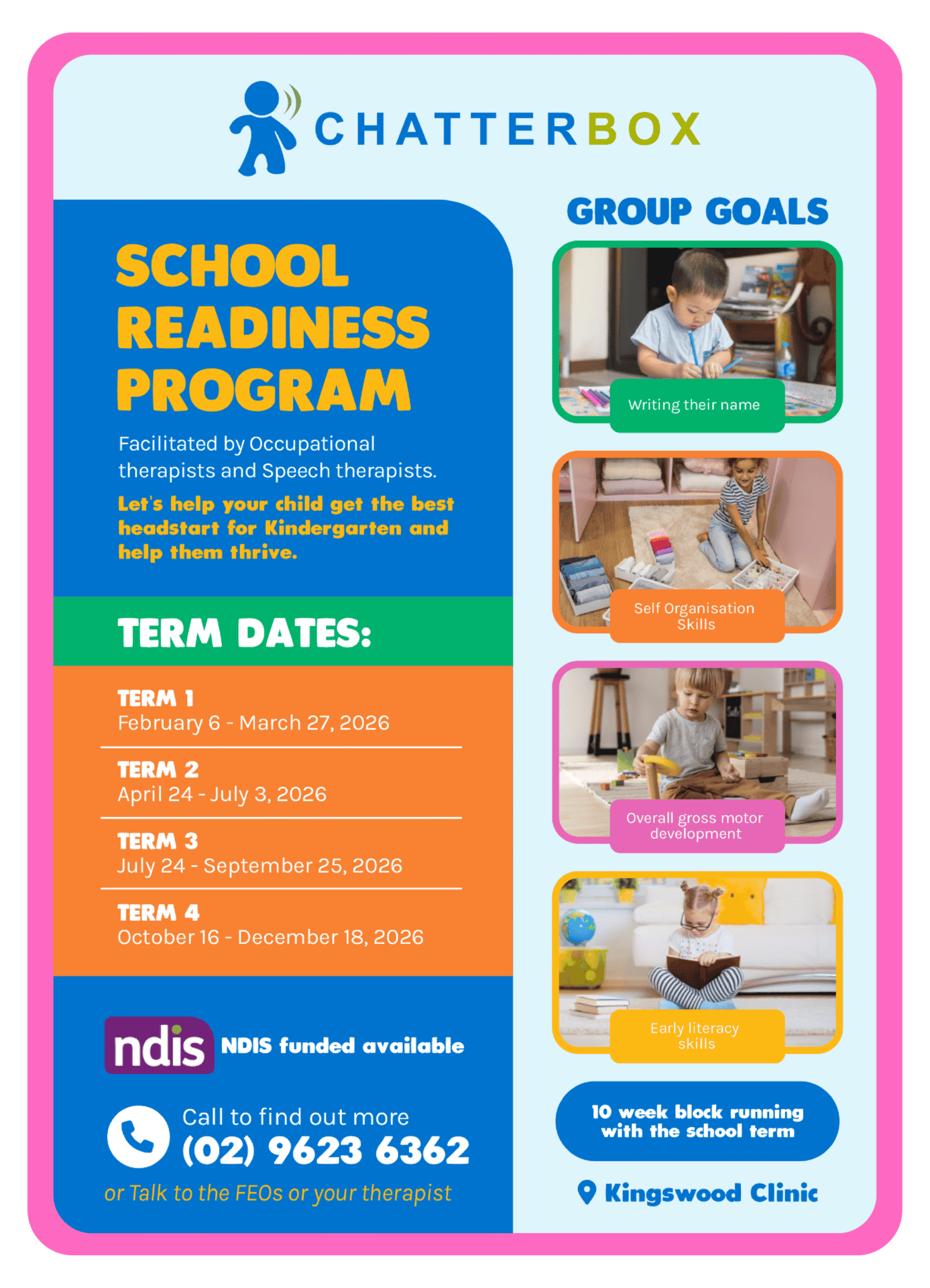 Speech therapy for children's school readiness programs, early literacy, motor skills, and social skills training in Australia.