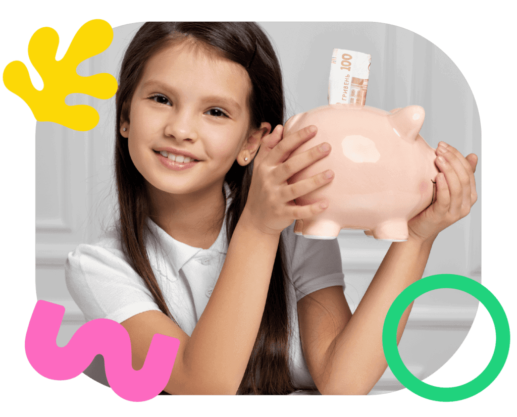 Friendly young girl holding pink piggy bank with euro note, promoting children's speech therapy services at Chatterbox Speech in Australia.