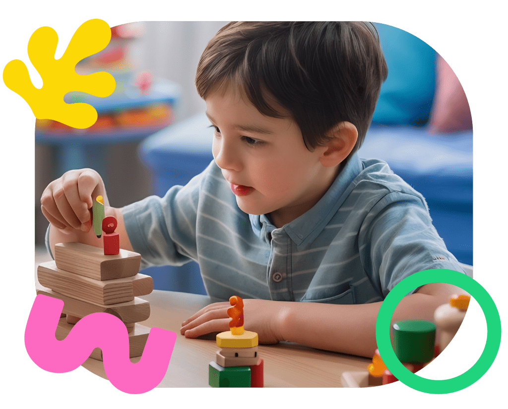 A child engaging in speech therapy activities with educational toys to improve communication skills at Chatterbox Speech.