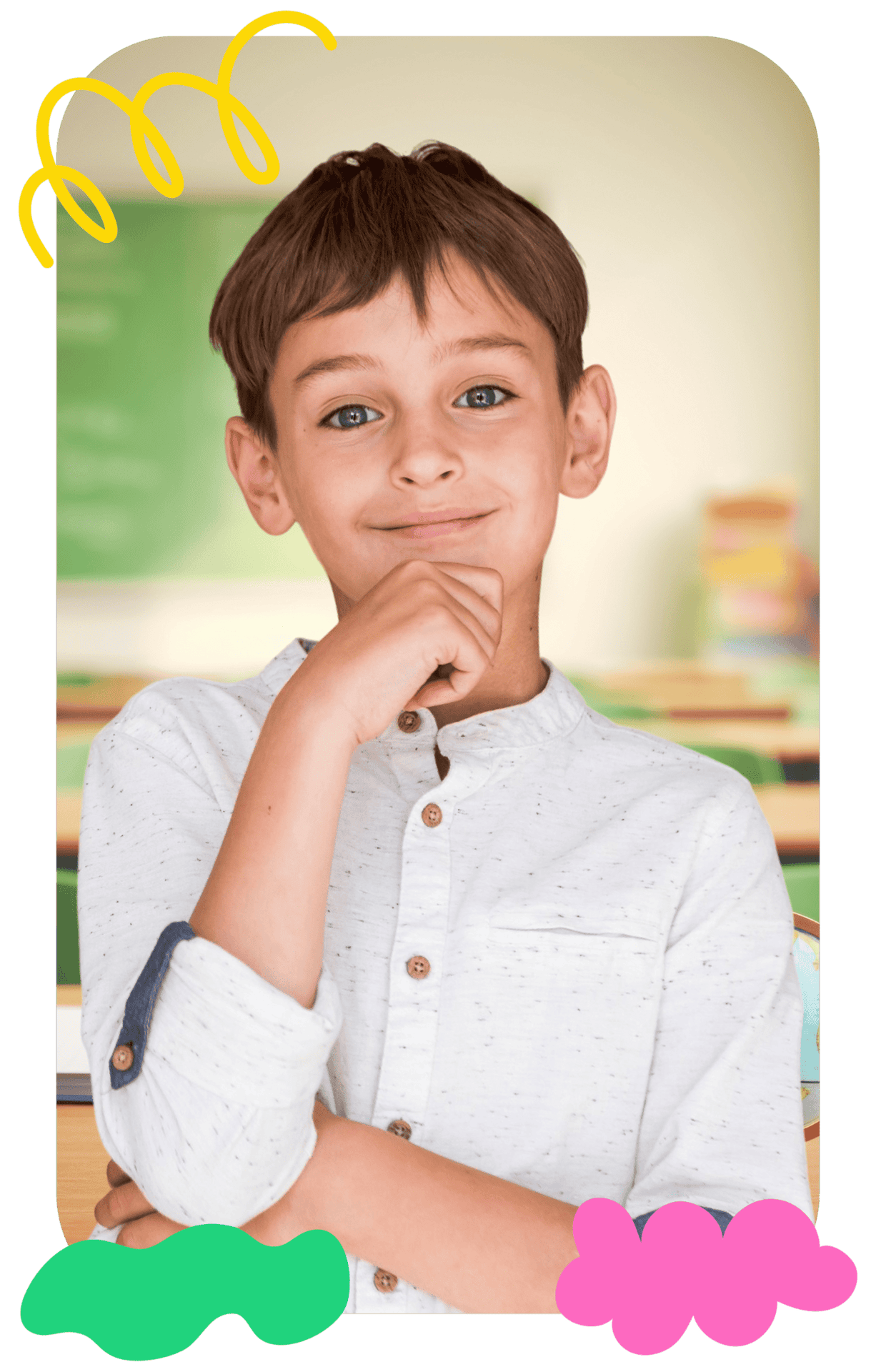 A young boy with a thoughtful expression, standing in a classroom setting, representing speech therapy or communication development for children.
