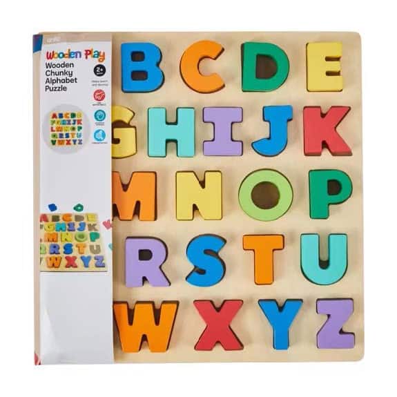 Colorful wooden alphabet puzzle featuring letters A to Z, ideal for speech therapy, early childhood education, and enhancing language skills in young children.
