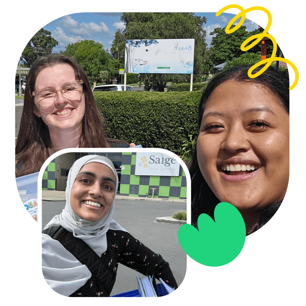 Two smiling women outdoors, one holding a notebook, promoting speech therapy services at Chatterbox Speech for Term 2 newsletter.