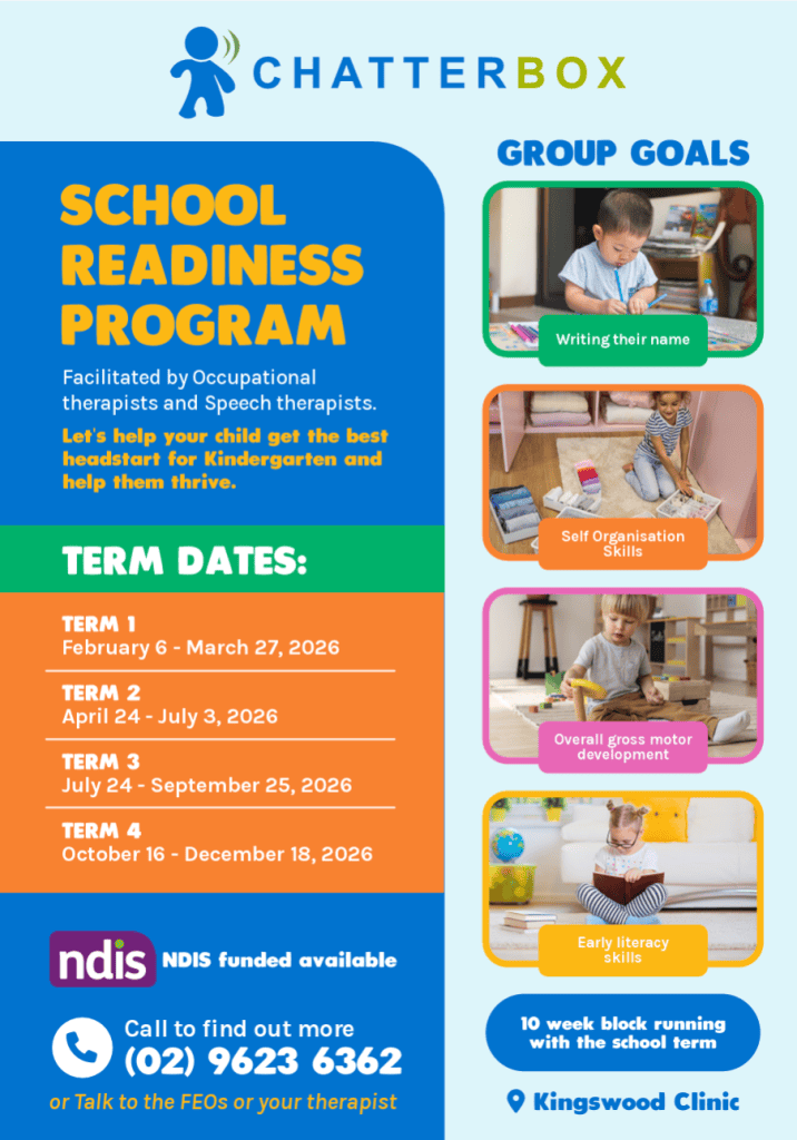 Children engaging in school readiness activities, focusing on speech, motor skills, and literacy development, supported by occupational therapists and speech therapists.