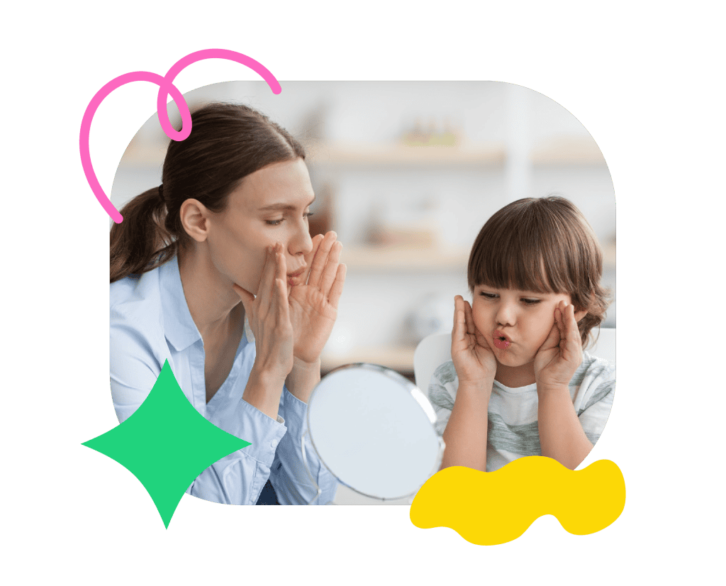 Speech therapist working with a young girl, using expressive gestures to encourage speech development, in a bright, welcoming therapy room.