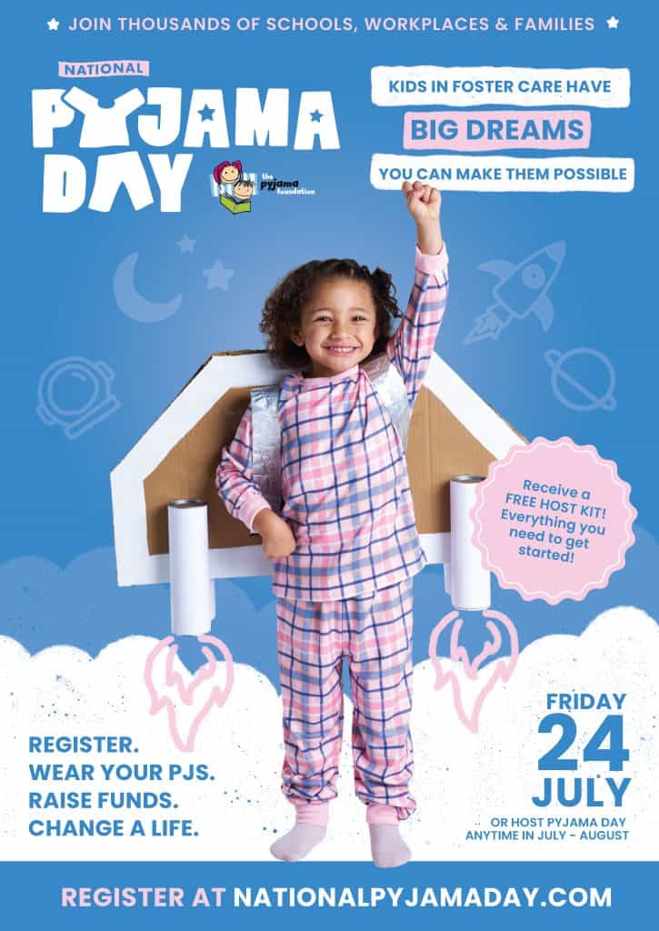 Child in colourful pyjamas celebrating National Pyjama Day with rocket and star graphics, promoting fundraising and awareness for kids in foster care.