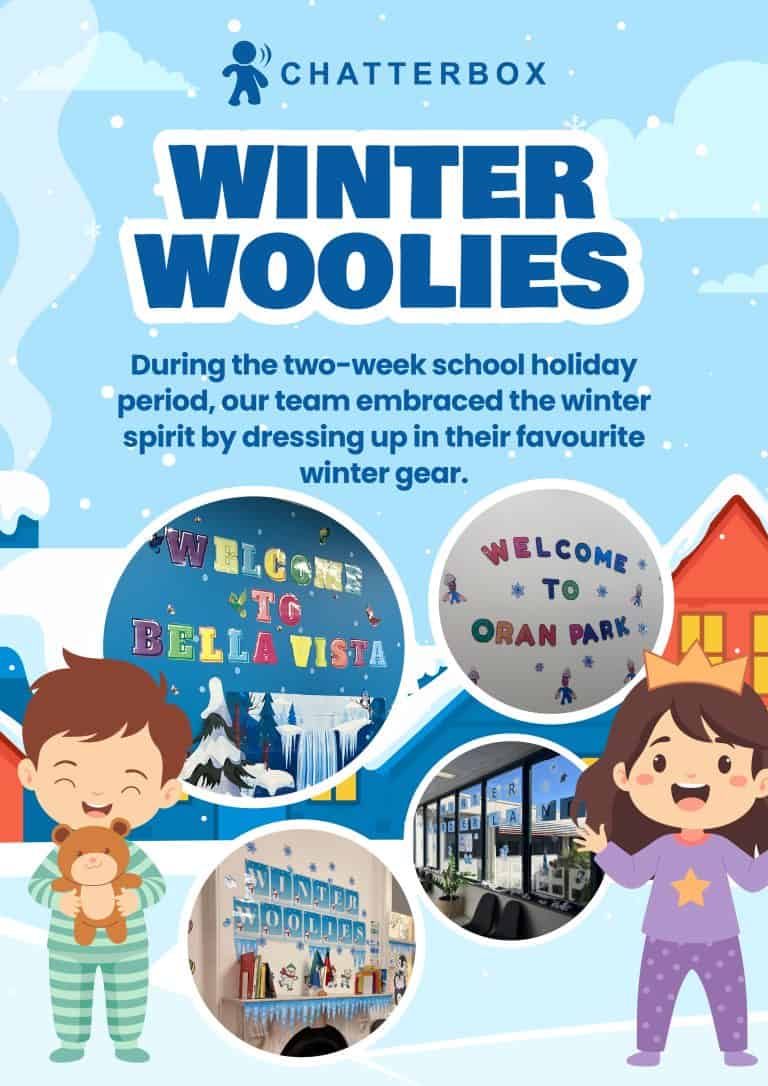 Chatterbox Winter Woolies event with children in winter costumes, welcome signs, and winter-themed decorations at Oran Park during school holidays.