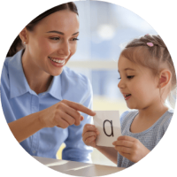 A smiling speech therapist working with a young girl on speech and language development, using flashcards in a bright, welcoming environment.